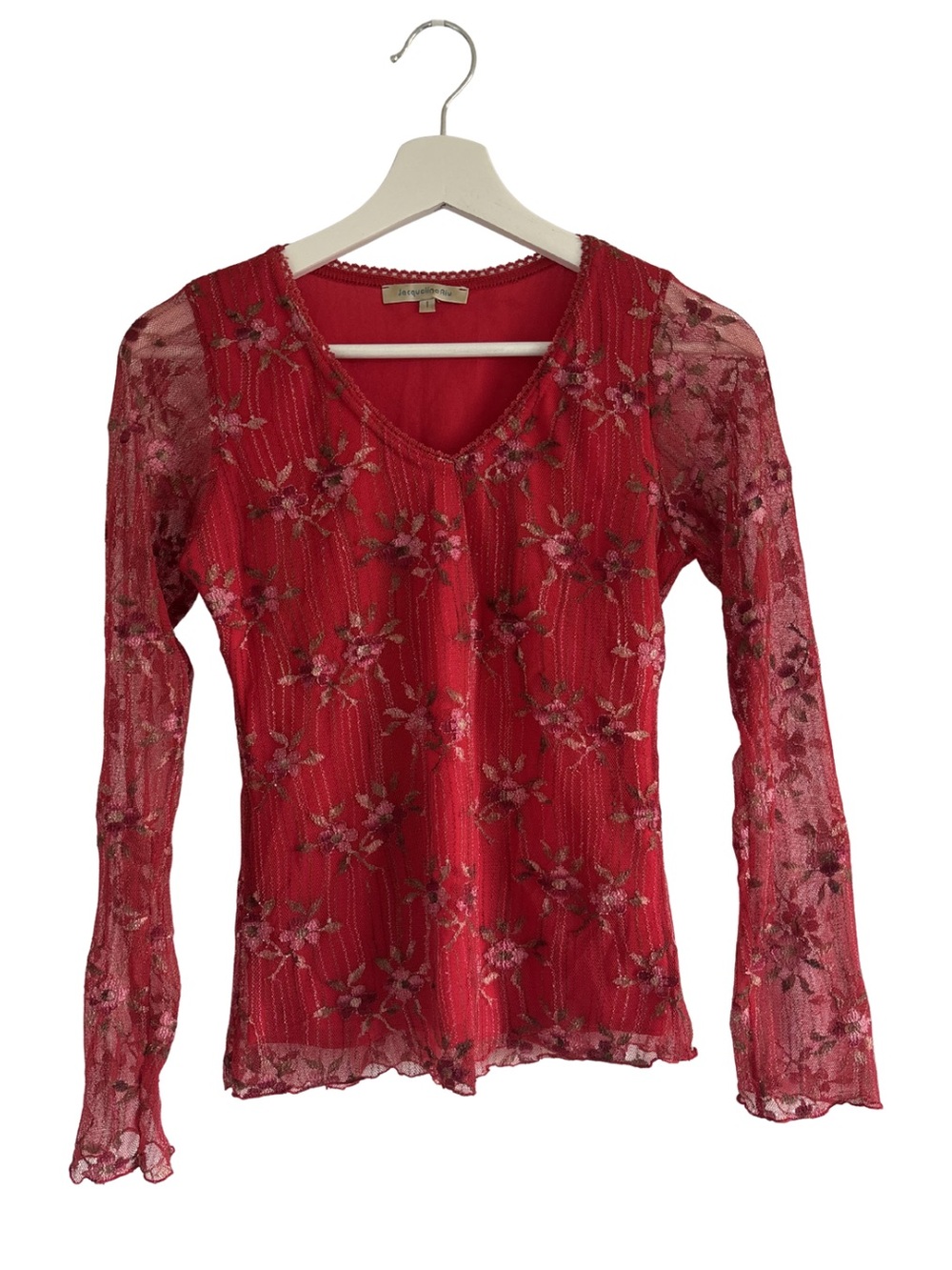 Red Lace Floral Long-Sleeve V-Neck Top